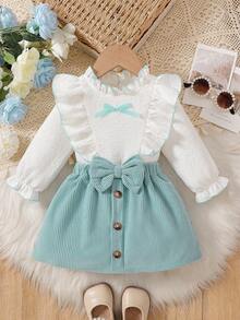 2pcs Baby Girls' Cute Ruffle Collar Ruffle Hem Long Sleeve T-Shirt Top With 3D Bow Button Design Skirt Outfit, Suitable For Daily Outings, Spring & Autumn - Mint Green - View 2