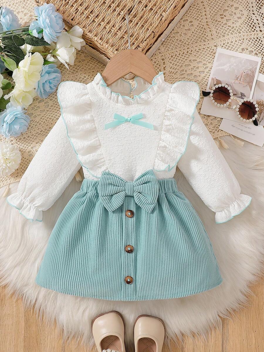 2pcs Baby Girls' Cute Ruffle Collar Ruffle Hem Long Sleeve T-Shirt Top With 3D Bow Button Design Skirt Outfit, Suitable For Daily Outings, Spring & Autumn