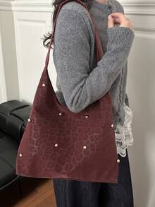 2025 Fashion Matte Solid Color Punk Rivet Commuter Tote Bag, Minimalist Niche Underarm Bag, Stylish Large Capacity Shoulder Bag - Burgundy - View 2