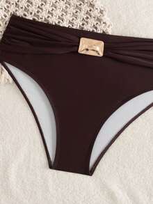 女士纯色露背沙滩比基尼套装 - 棕色 - 查看 5