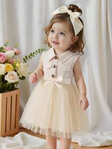 Baby Girls Cute Sleeveless Lapel Faux Pocket Button Splice Mesh Dress With Belt - Apricot - View 3
