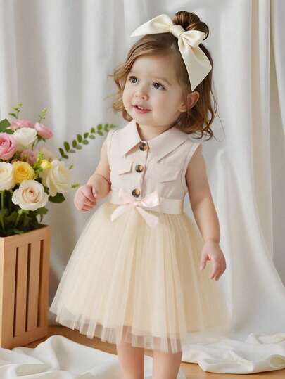 Baby Girls Cute Sleeveless Lapel Faux Pocket Button Splice Mesh Dress With Belt
