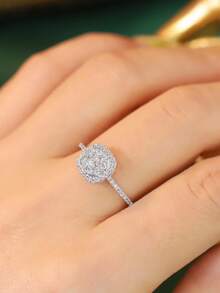 S925 Sterling Silver Geometric Square Ring With Zirconia Stone, Luxury Jewelry Gift For Her - Silver - View 10