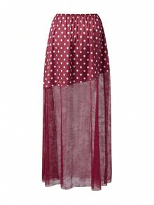 Women Satin Lace Trim Midi Skirt Polka Dot Print High Waist Long A-Line Skirts Vintage Silk Going Out Dress Y2k Streetwear Party Clubwear - 蕾絲拼接紅色 - 查看 7