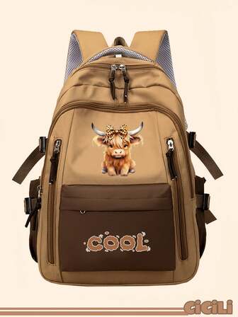 1 Peça Mochila Escolar com Padrão Fofo de Bezerro e Contraste de Cores. Mochila Estudantil Alegre de Grande Capacidade com Múltiplos Bolsos. Mochila Escolar na Moda. Bolsa Prática