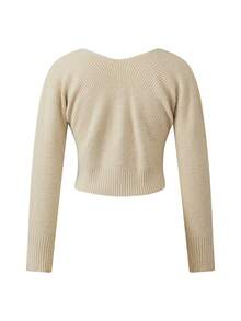 Women's Cropped Sweater Cardigan Long Sleeve Open Front Buckle Closure Knitwears - Khaki - View 2