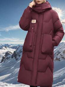 Women Solid Color Hooded Long Sleeve With Pockets Mid-Length Thick Jacket - Màu Đỏ Sâu - Xem 5