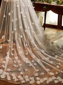 1pc 300cm 3D Floral Organza Bridal Veil, Cathedral Length Single Layer Long Train, Wedding Dress Accessory - Multicolor - View 5