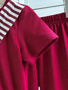2pcs/Set Baby Girls' Cute Minimalist Red T-Shirt Top + Solid Color Bell-Bottom Pants Outfit, Suitable For Daily, Outdoor, School, Commute, Vacation - Red - View 6