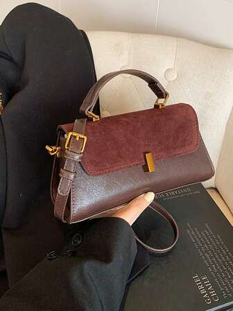Vintage Suede Patchwork PU Leather Women's Handbag, Shoulder Bag, Daily Commute Small Square Bag