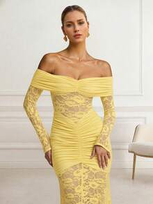 Vestido de fiesta elegante y sexy de encaje con volantes y parches de encaje, para boda en la playa, fiesta, noche, cóctel o graduación, de unicolor - Amarillo - Ver 4