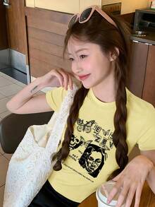 浅黄色修身圆领短袖T恤，女士夏季款，美式时尚，百搭复古休闲风 - 嫩黃色 - 查看 6