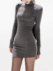 [Y6Y] Women's Lace Backless Sexy Bodycon Dress, High Neck Long Sleeve Fitted Style, Suitable For Spring - Grey - View 2