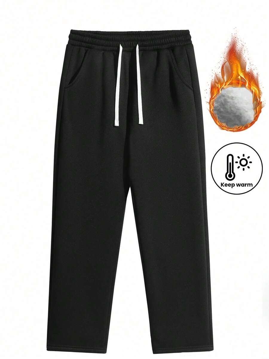 Men's Thermal Lined Loose Fit Casual Sweatpants, Black, Autumn/Winter - Black - View 1