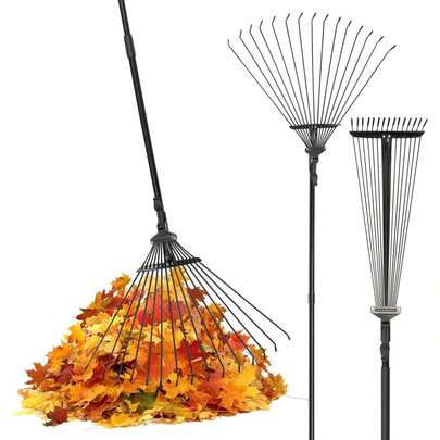 Expandable 38-63 Inch Garden Rake Adjustable Lawn Rake Tool With 25 Tines For Easy Leaf Removal Yard Cleanup Grass Grooming And Lawn Levelling Durable Black