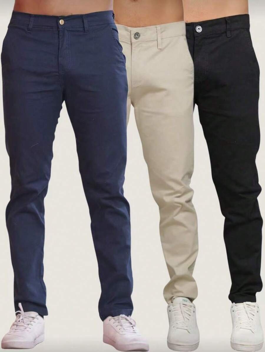 Set Of 3 Men's Ribbed Knit Trousers With Buttons And Pockets. Slightly Stretchy Fabric For Greater Comfort And Style. - azul-bege-preto - Ver 1