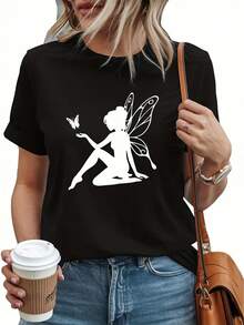 Camiseta gráfica de hadas caprichosa para mujeres - Camiseta casual negra de cuello redondo y manga corta con diseño de hada blanca y mariposa, perfecta para primavera y verano, ropa casual| Camiseta gráfica de hadas| Ropa Casual Elegante - Negro - Ver 1