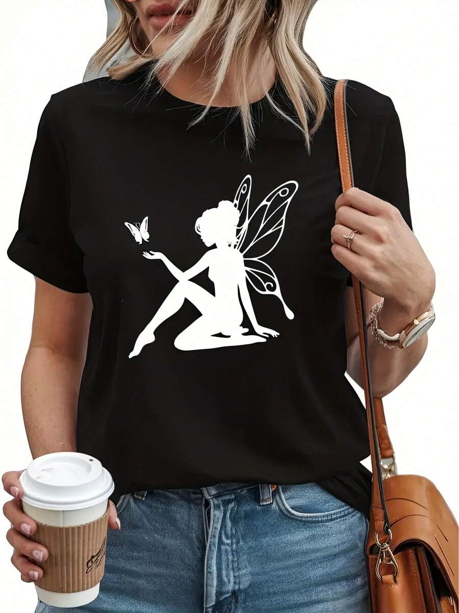 Camiseta gráfica de hadas caprichosa para mujeres - Camiseta casual negra de cuello redondo y manga corta con diseño de hada blanca y mariposa, perfecta para primavera y verano, ropa casual| Camiseta gráfica de hadas| Ropa Casual Elegante - Negro - Ver 1