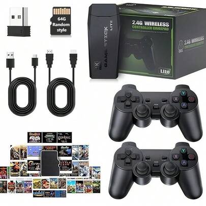 M8 Retro Game Console, 4K, Built-In 20,000+ Classic Games, Supports PS1, MD, SFC, FC, GBA, GBC, GB, MAME Emulators, Comes With 2 Wireless Controllers, 64GB Storage, Portable Childhood Gaming Device, Dendy Brand, Suitable For TV, Children Gift, Black