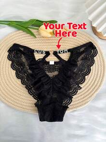 1pc Customized Text Crystal Rhinestone Letter & Number Decor Hollow Lace Sexy Thong Panties, Heart Metal Buckle Connecting Fashion Knickers, Personalized Name, Anniversary Date Triangle Briefs, Valentine's Day, Christmas, Halloween, Thanksgiving, Birthday, Anniversary Gift For Wife, Friend, Lover, Bestie - Multicolor - View 7