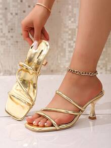 Women's Solid Color Elegant PU Leather Criss-Cross Square Toe Rubber Sole Office Shoes, Comfortable For Spring/Summer - Gold - View 9
