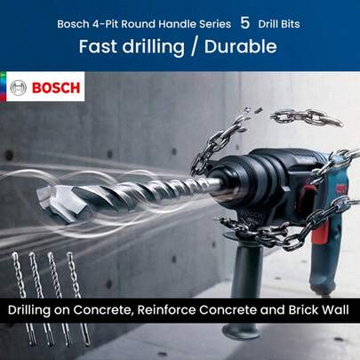 bosch SDS-Plus 4-Pit Round Handle Series 5 Drill Bits, Rotary Hammer Bits Ideal For Applications In Masonry, Brick, Block, Concrete