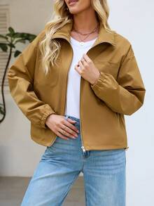 时尚女士梭织面料飞行员夹克，配有抽绳、长袖和前拉链，休闲常规版型 - 卡其色 - 查看 3