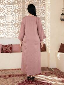 Đầm kiểu Ả Rập thêu vàng sang trọng, JALABIA cổ chữ V tay lỡ 3/4 với tua rua vàng, kiểu dáng thời trang và duyên dáng dành cho quý cô, trang phục truyền thống Ramadan mới năm 2026. - Đỏ - Xem 11