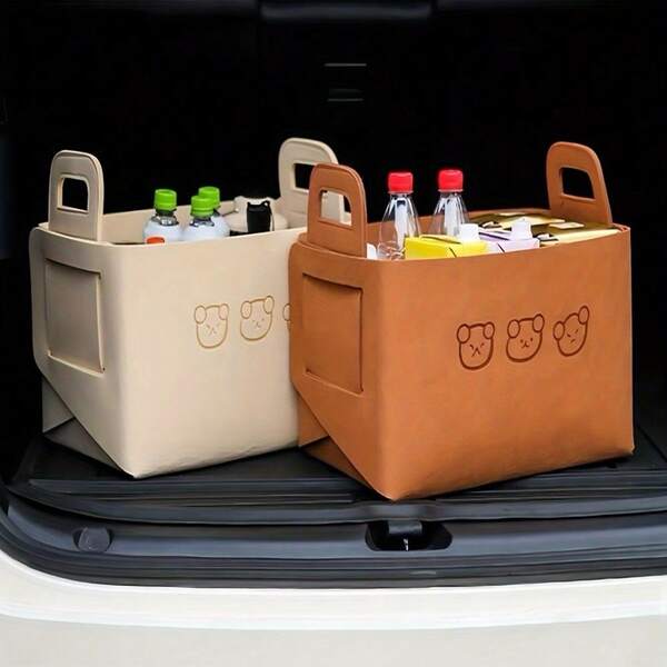 Large Felt Car Storage Basket, Foldable Trunk Organizer With Handle, Suitable For Storing Groceries, Toys, Clothes And Daily Necessities, Cute Cartoon Design, Portable Felt Storage Box, Space-Saving, Applicable For SUV, Sedan And Home Travel, Can Be Used In Car Interior And Trunk