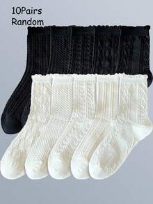 5 双女士纯黑白色长筒蕾丝透气网眼绒袜，甜美女孩学院风 JK 百搭中筒袜，秋季 - 黑色 - 查看 13