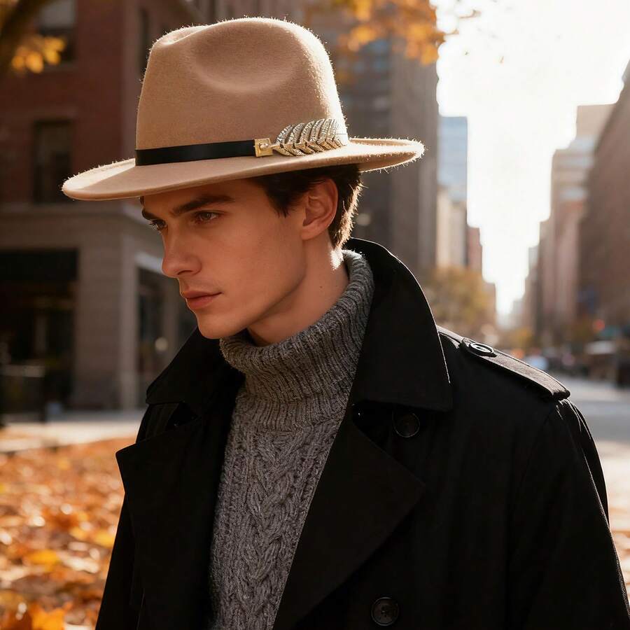 JEWELRYWE Men's Flat-Brimmed Felt Hat, Women's Fedora, With Gold Fishbone Trim, Elegant Wide-Brimmed Hat, Party Hat, Suitable For Casual, Formal Occasions, Masquerade Balls, Graduation Ceremonies, Unisex - 駝色 - 查看 1