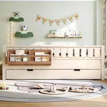 FUNIDEE Full Size Platform Bed With Trundle, Platform Bed Frame With Built-In Bookshelves And Rounded Small Staircase, Bed Frame With Guardrails For Kids - Màu be - Xem 3