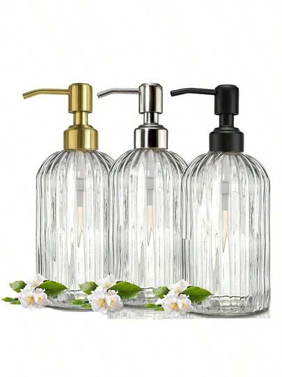 14oz (Approx. 400g) Minimalist Glass Soap Dispenser With Black Rust-Proof Pump Head, Refillable. Kitchen Soap Dispenser With Vertical Stripes, Bathroom Dispenser For Hand Wash, Dish Soap, And Lotion.