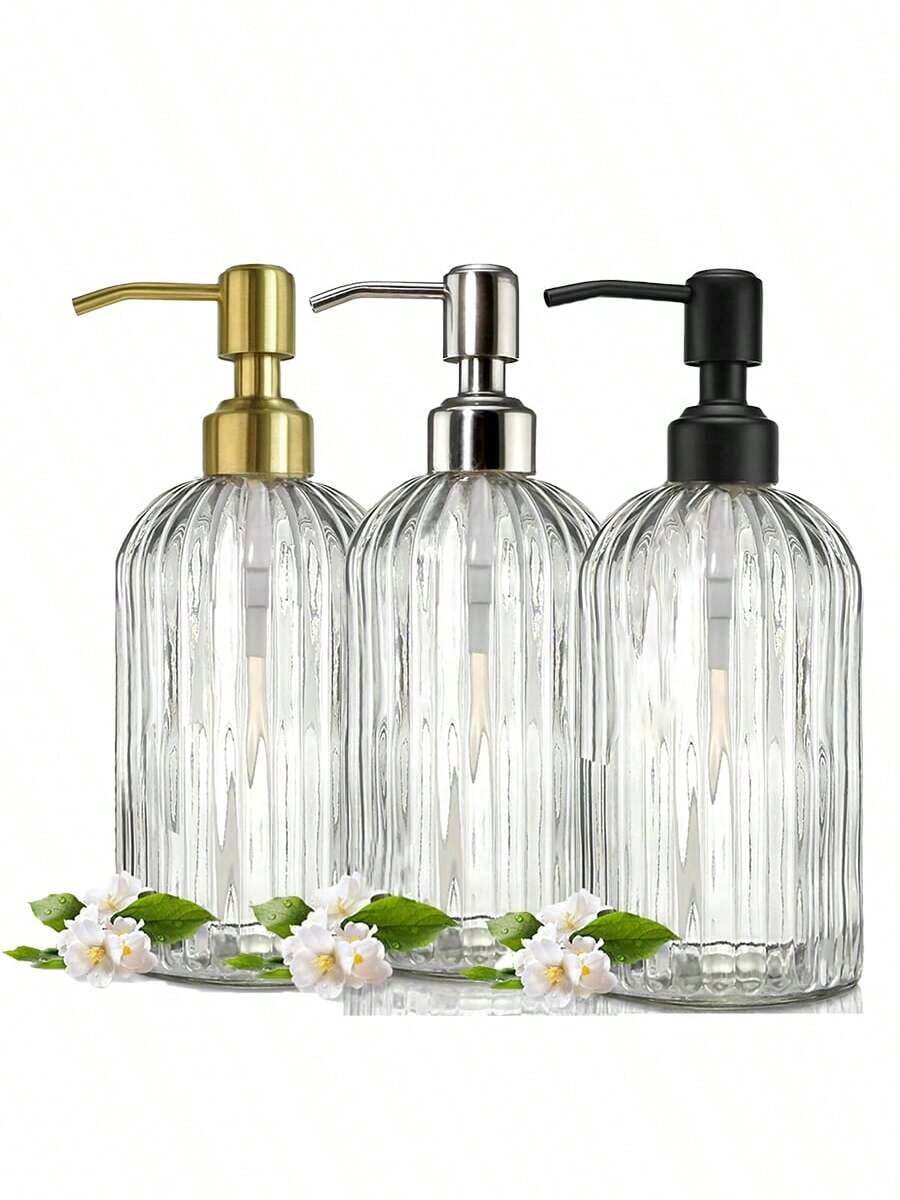 14oz (Approx. 400g) Minimalist Glass Soap Dispenser With Black Rust-Proof Pump Head, Refillable. Kitchen Soap Dispenser With Vertical Stripes, Bathroom Dispenser For Hand Wash, Dish Soap, And Lotion. - Multicolor - View 1