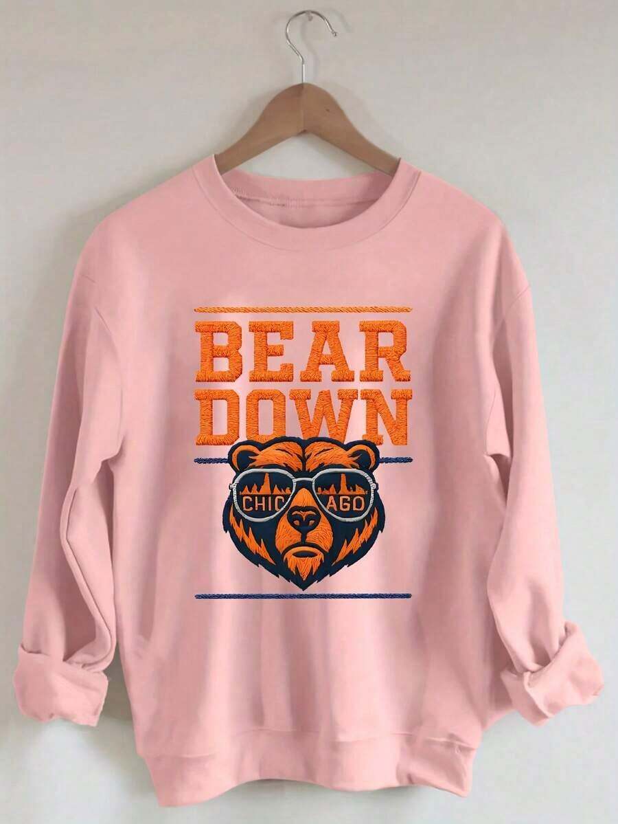 ClothesChristmas Fit Women Plus Size, Chicago Bear Head Print Sweatshirt, Round Neck Casual Sweatshirt, Suitable For Autumn And Winter, Plus Size Women's Loose And Comfortable Thanksgiving Fit WomenLoose And Comfortablewinter Clothes For Women - 粉色 - 查看 1
