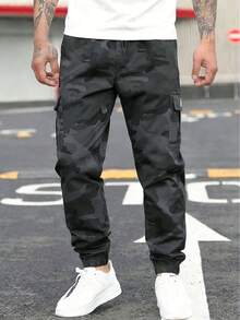 1pc Men's Street Fashion Black Camouflage Print Flap Pocket Side Drawstring Casual Jogger Pants, Comfortable & Durable - Dark Grey - View 3