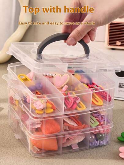 三层可调节收纳盒，18个隔层，搭扣设计，可拆卸隔板，隐藏式提手，便携式透明塑料整理盒，适用于珠宝、珠子、玩具和手工用品。