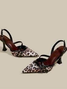 Women's Black Patent Leather Leopard Print Stiletto Heel Pointed Toe Closed Toe High Heels, Elegant Formal Fashion Party Sexy Office Buckle Strap Pumps - Black - View 3