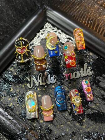 10pcs Square Nail Set,Pink& Silver&Black&Purple&Blue Nail,Red&Pink&Brown French Nails,3D Stereo Steel Ball&Moon&Chain Beads&Hearts&Colored Jewelry Nails Accessories Decorations,Hand Drawn Hearts& Spots&Geometric Patterns Design,Y2k Style Nail Art Set,Suitable For Women To Wear Daily Parties Valentine's Day& Ramadan Festival (Includes: A Piece Of Jelly Glue And A Friction Strip)