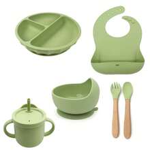 8pcs/6pcs/5pcs Baby Feeding Utensil Set, Silicone Tableware, Bib, Plate, Bowl, Fork & Spoon, Straw Cup - Multicolor - View 11