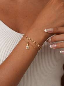 Nooxian 2pcs/Set Women Bracelets Set, Bohemian Summer Beach Style, Golden Electroplated Multi-Layer Basic Chain, Safety Pin Chain, Copper Inlaid Zirconia Turtle Pendant Multi-Layer Stacking Bracelets Set, Ocean Series Jewelry Gift - Yellow Gold - View 1
