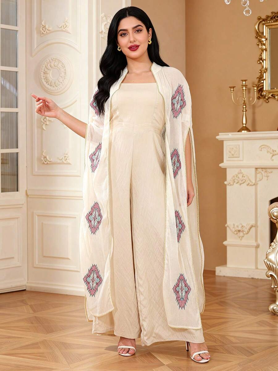 Embroidered Colorful Elegant Jalabia Dress, Gold Embroidered Trim Decor Open Front Cover Up With Sheer Straps, Wide Leg Jumpsuit, Luxury Elegant 2026 New Style Ramadan Traditional