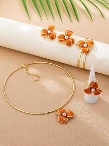 5pcs/Set Elegant Floral Jewelry Set, Includes 1 Pair Earrings, 1 Necklace, 1 Bracelet, 1 Ring, Suitable For Women, Charming Gift For Wedding/Party