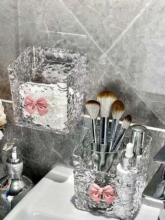 1 pieza Estante de almacenamiento montado en la pared con ventosa sin perforación, organizador de caja, soporte para cepillo de dientes y pasta de dientes de tocador de baño, caja de almacenamiento de peine montada en la pared con diseño de dibujos animados para el cuarto de maquillaje