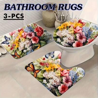 3pcs Floral Bathroom Mat Set, Quick Dry Absorbent Bathroom Rug, Non-Slip Non-Skid U-Shaped Contour Rug And Toilet Lid Cover, Suitable For Bathroom Tub Toilet, Ideal Bathroom Accessories