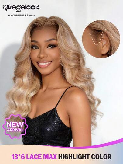 MEGALOOK 渐变金发，焦糖色和灰调，升级版 13x6 蕾丝 Max Three-Go™ 无胶抽绳假发 - 100% 真人发预剪蕾丝前假发，预拔自然发际线，金色挑染，180% 密度，即戴即用，无需胶水，新手友好，日常佩戴，自然美观。
