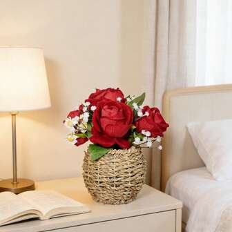 1 pièce Panier de fleurs de rose rouge artificielle - Décoration romantique | Plante en pot d'environ 20 cm | Parfait pour la décoration du salon, de la chambre, également adapté pour les scènes de la Saint-Valentin, ajoute facilement une ambiance romantique à la maison