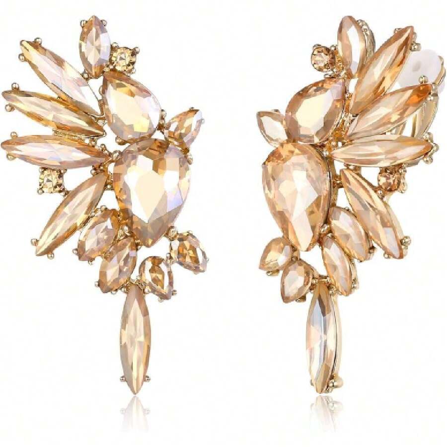 EVER FAITH Pendientes de declaración de diamantes de imitación vintage, joyería de moda colorido marquesa gota de cristal racimo colgante pendientes de clip para mujer,37284700 - Champán - Ver 1