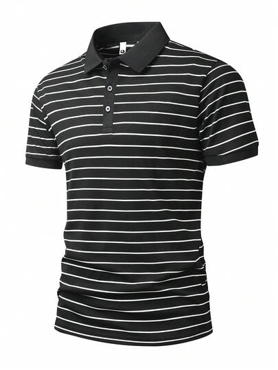 男士黑色细条纹短袖休闲Polo衫，适合度假和通勤穿着，夏季款