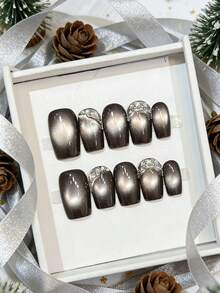 10 piezas de uñas postizas con efecto de ojo de gato metálico, con brillantes de strass, uñas falsas reutilizables para mujeres para uso diario y de fiesta - Multicolor - Ver 12